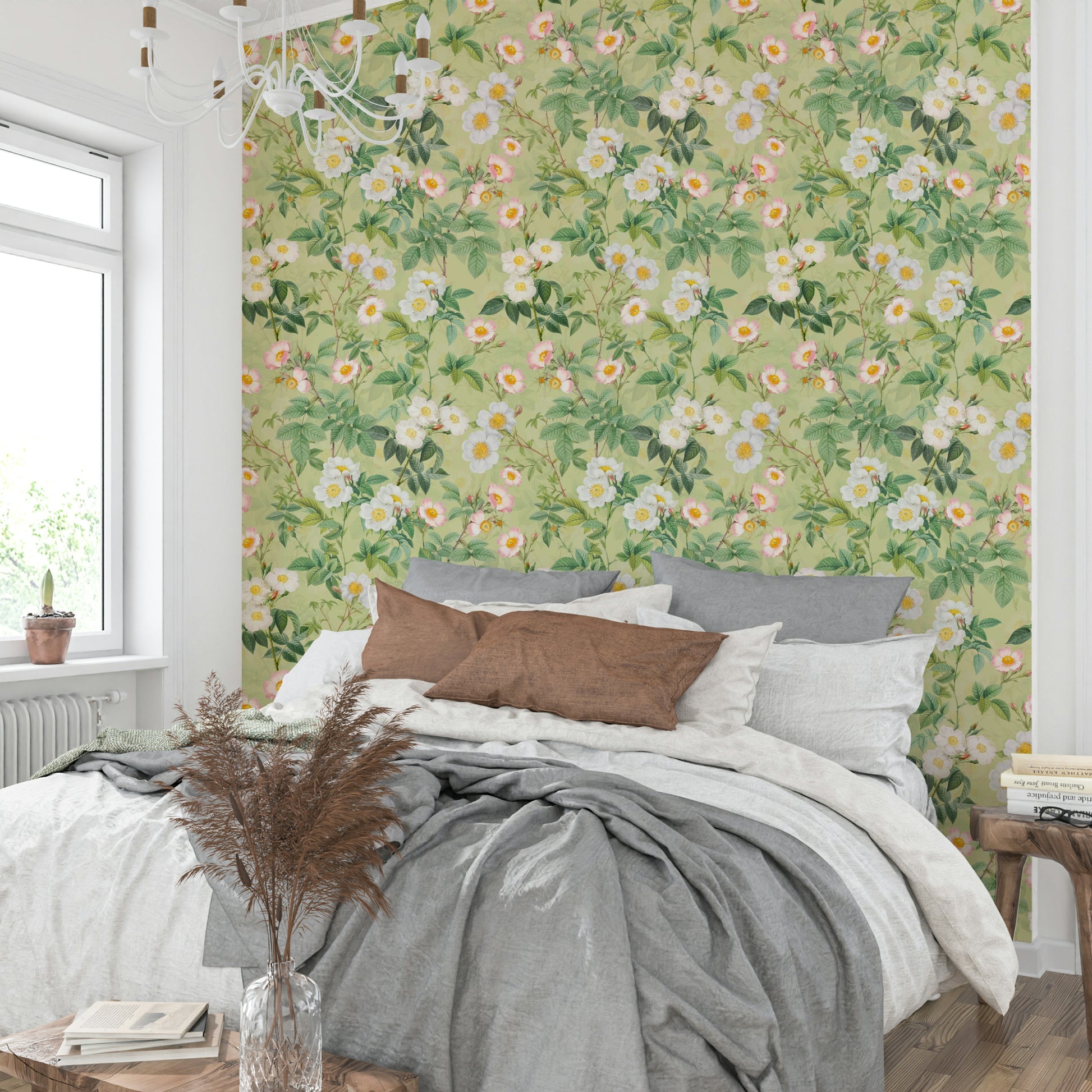 Vintage rose wallpaper mural with soft, muted tones and botanical elements.


