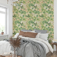 Vintage rose wallpaper mural with soft, muted tones and botanical elements.

