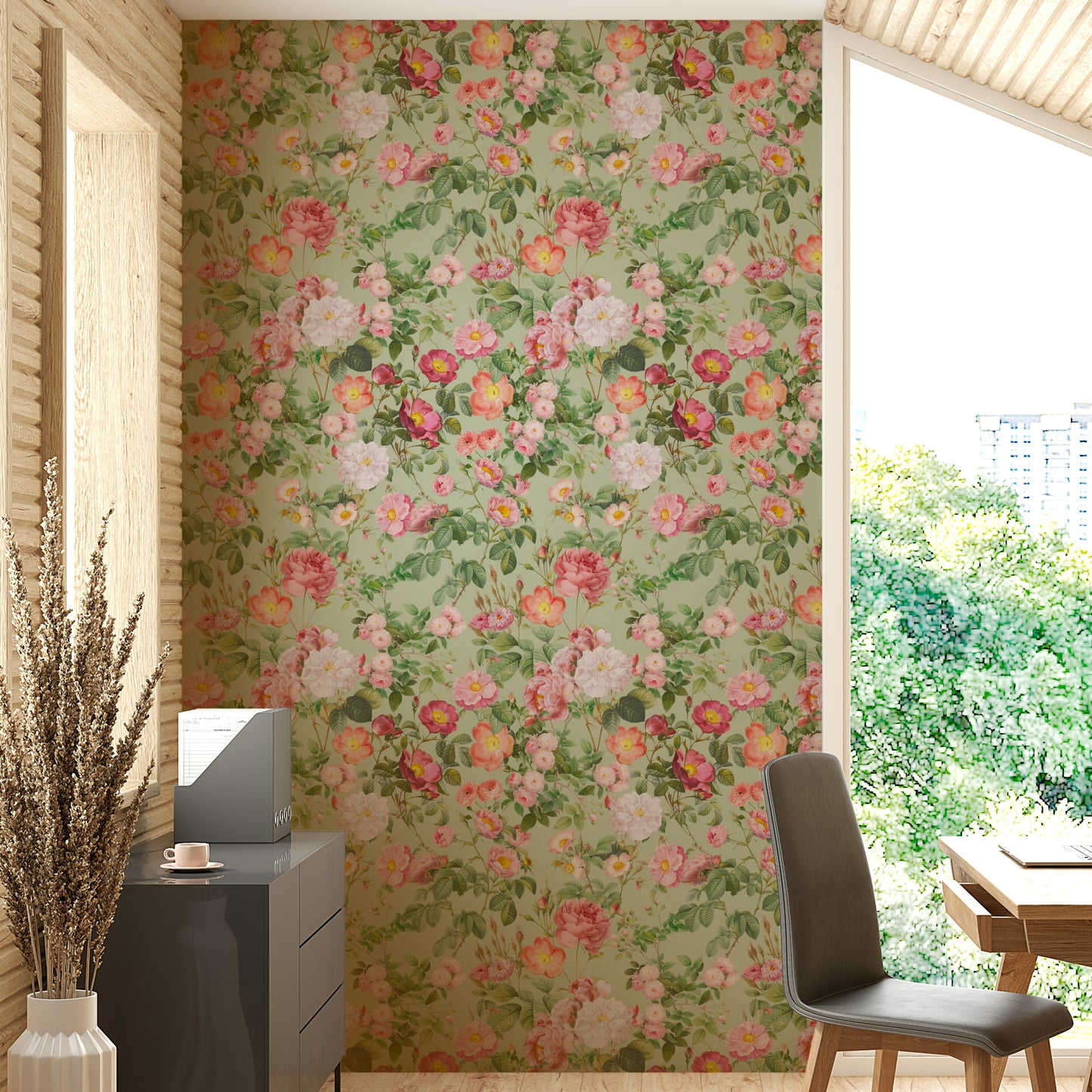 Floral wallpaper with gentle pastel roses and subtle greenery for a tranquil look.

