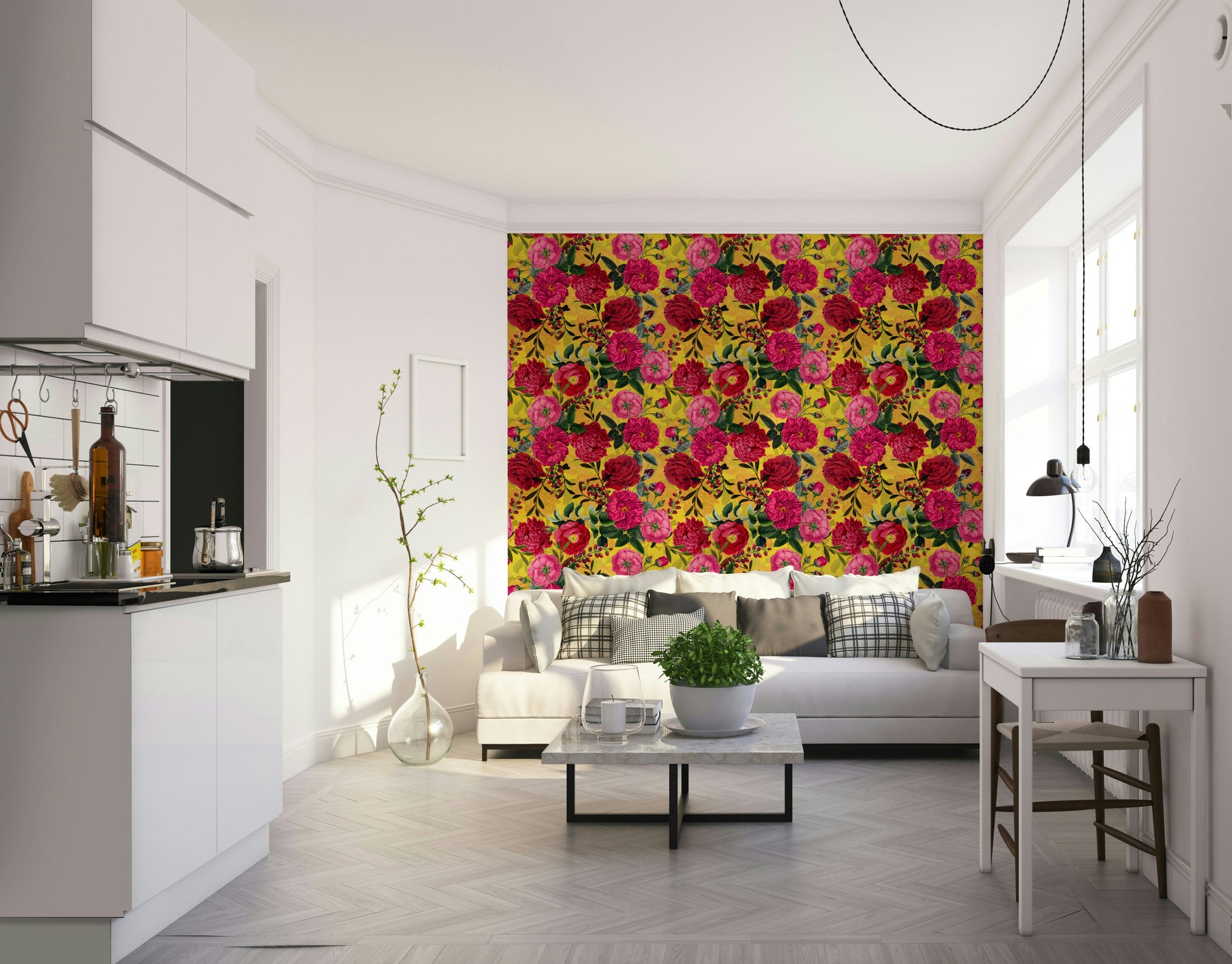 Floral mural with striking vintage roses and bright hues.

