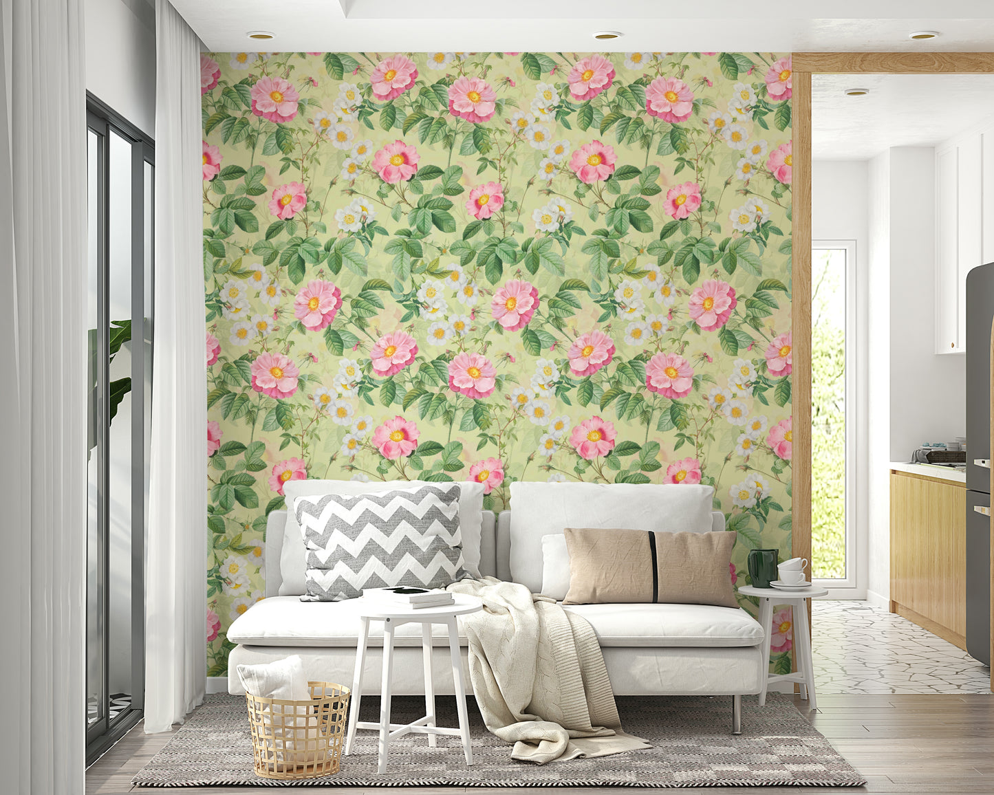 Floral mural featuring lush roses in soft shades of pink, red, and cream.

