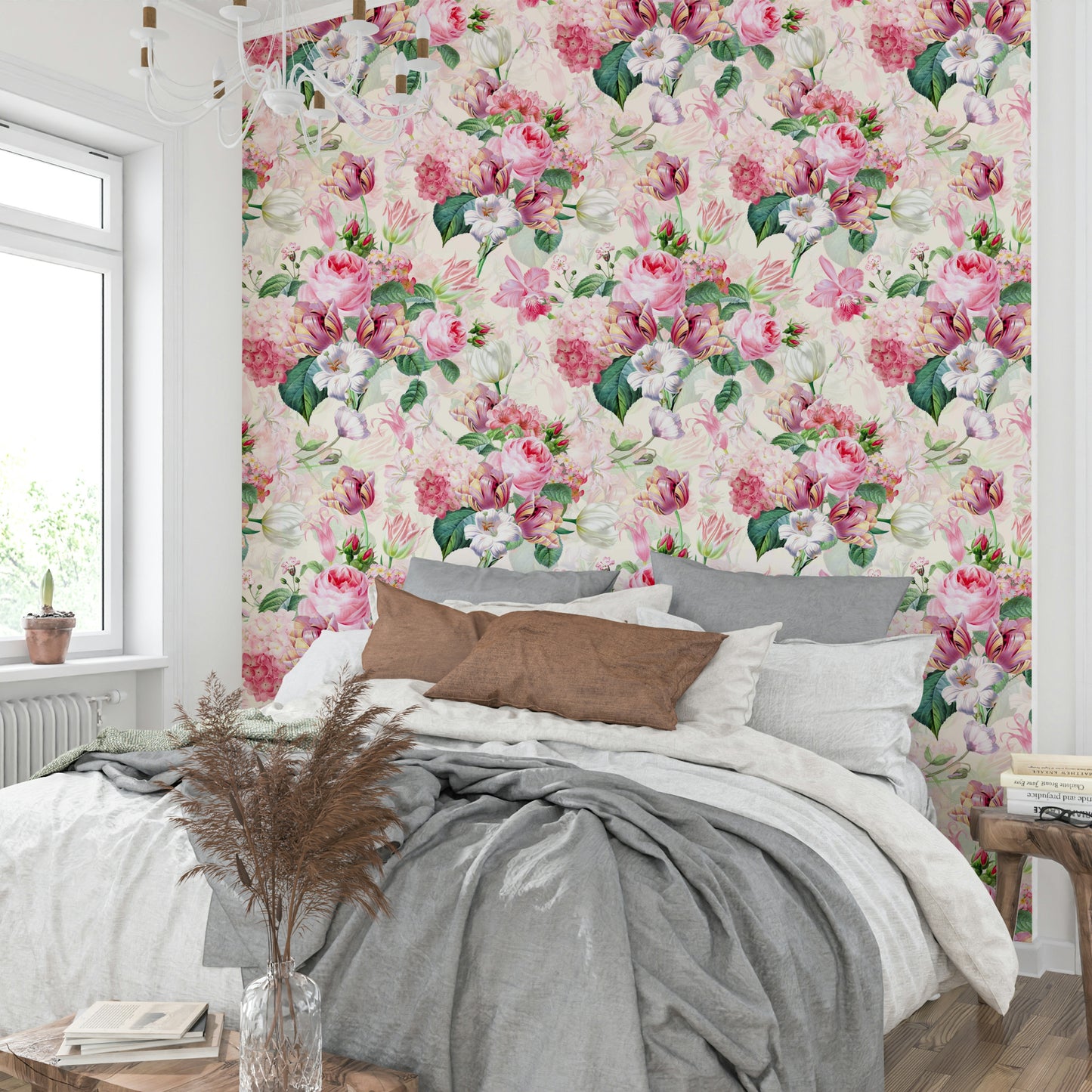 Close-up view of delicate watercolor roses and soft tones in the mural.

