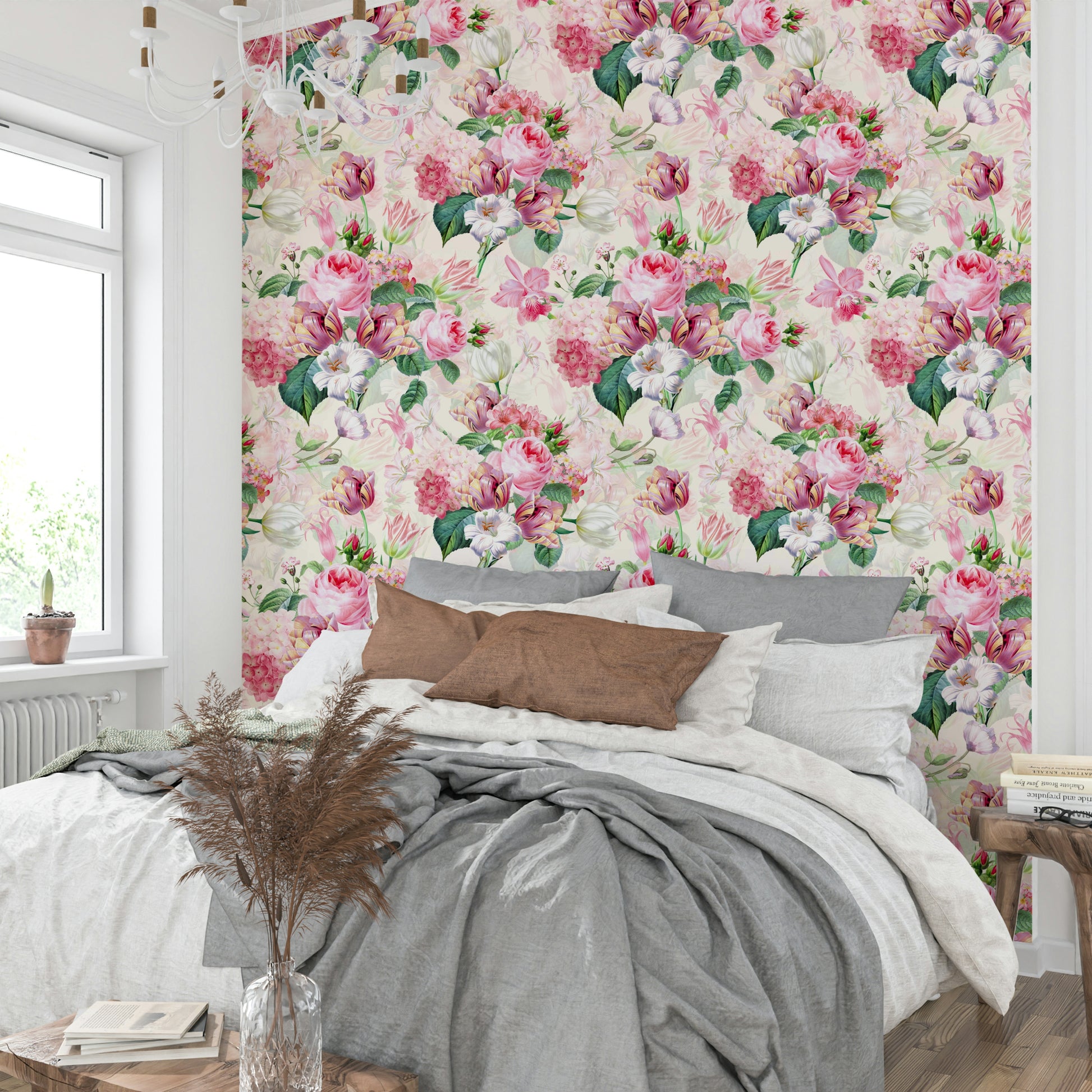 Close-up view of delicate watercolor roses and soft tones in the mural.

