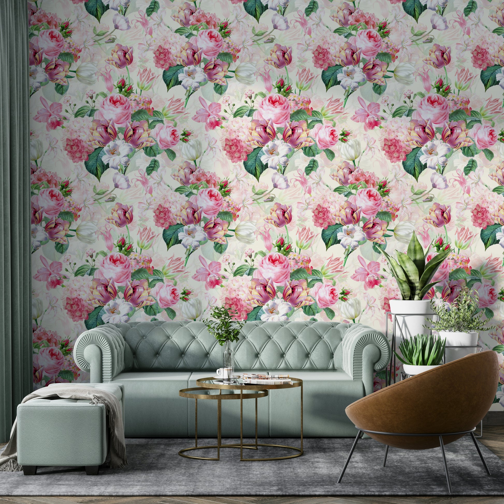 Soft, pastel watercolor roses mural with dreamy botanical accents.

