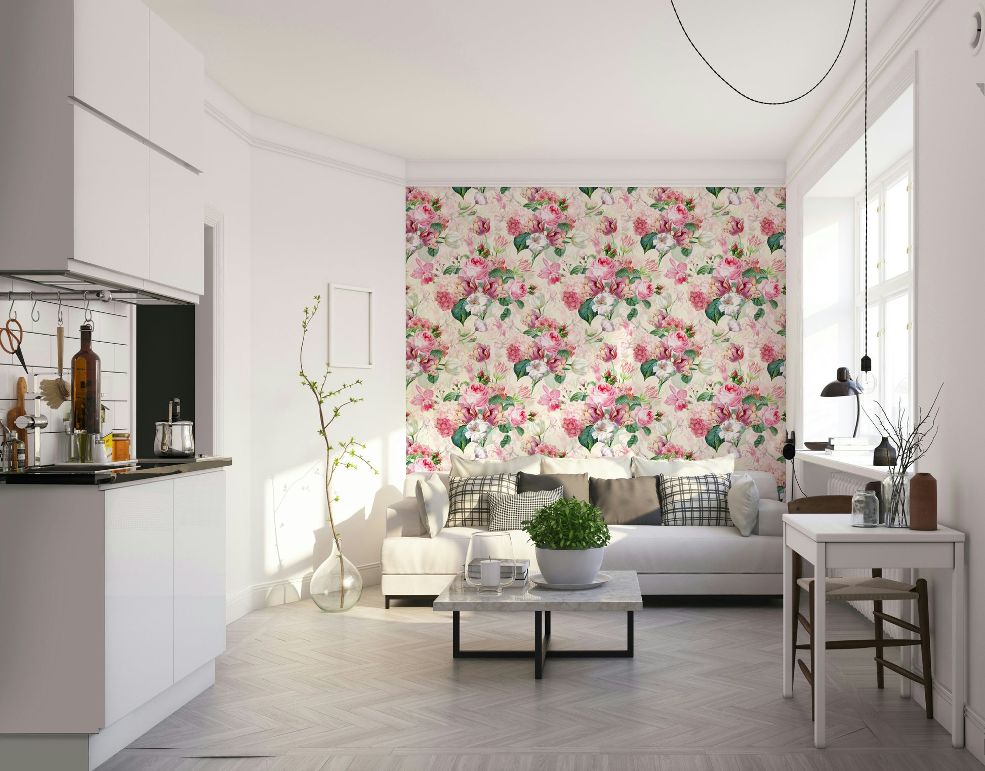Watercolor roses wall mural bringing a light, romantic vibe to any room.

