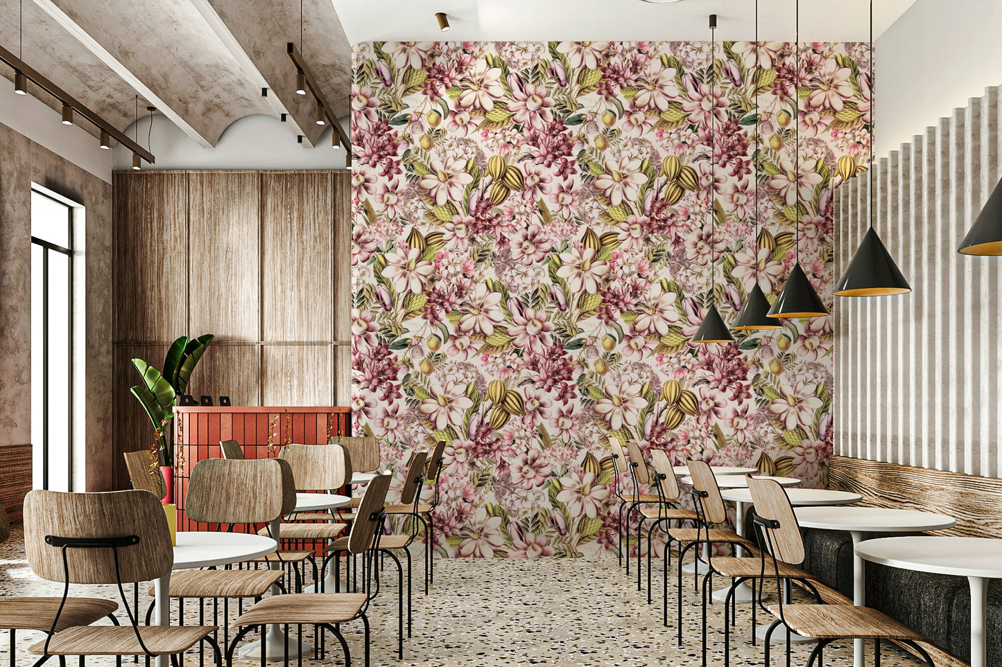 Soft-toned wallpaper featuring vintage-inspired flowers and greenery.

