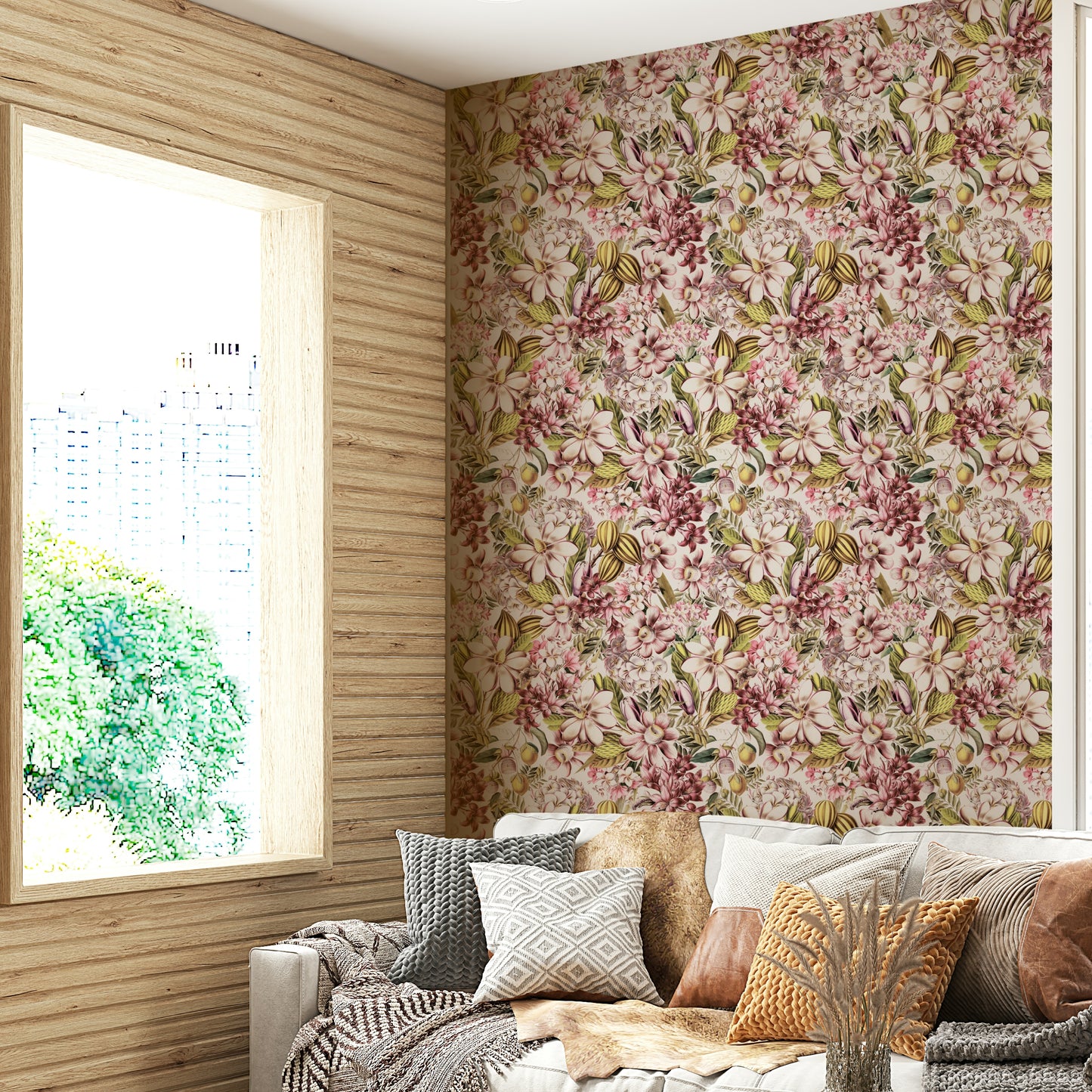 Close-up view of vintage floral illustrations in Vintage Botanical Garden wallpaper.

