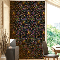 Close-up view of whimsical floral designs in Enchanted Garden wallpaper.

