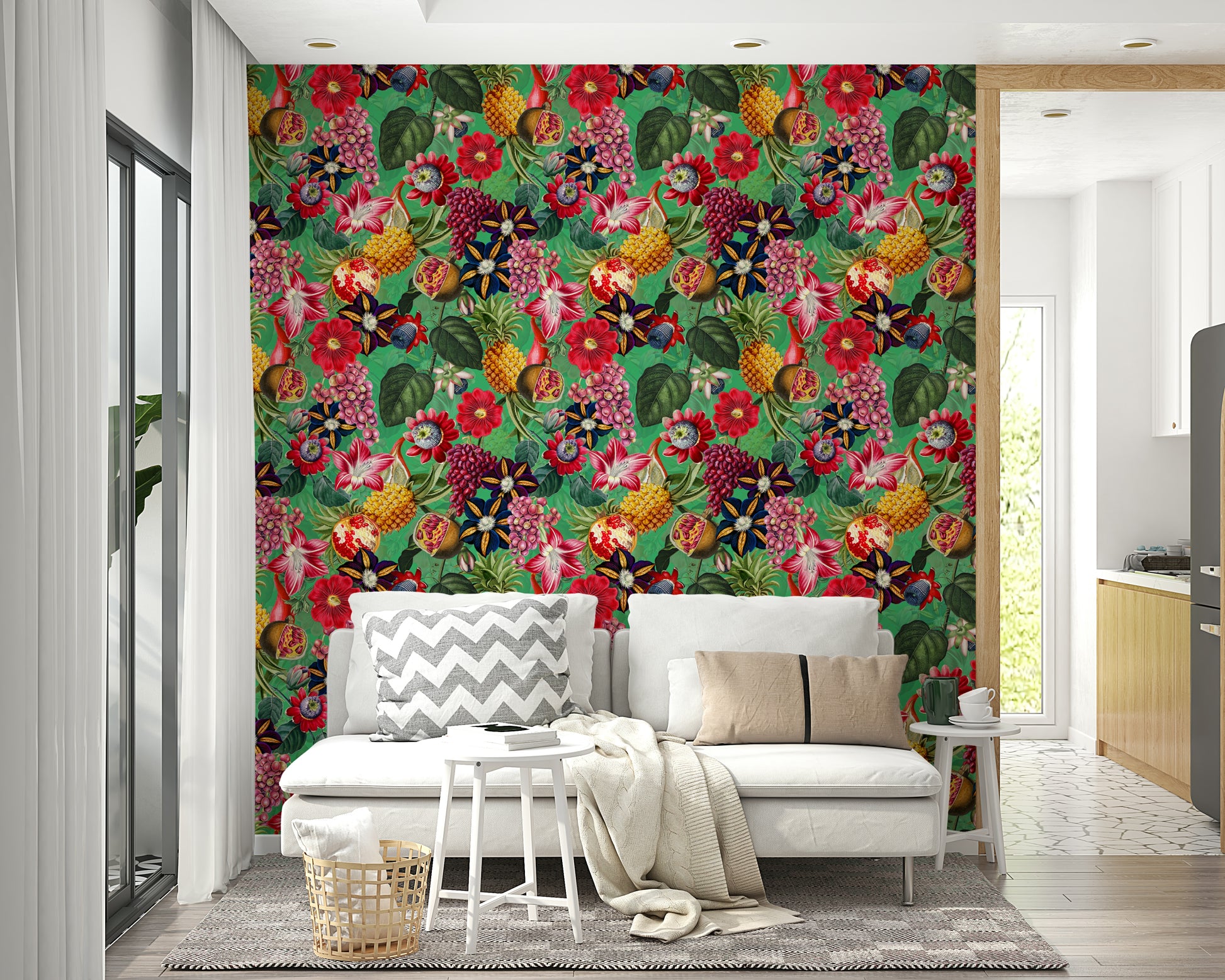 Exotic floral wallpaper featuring tropical palm leaves and blooms


