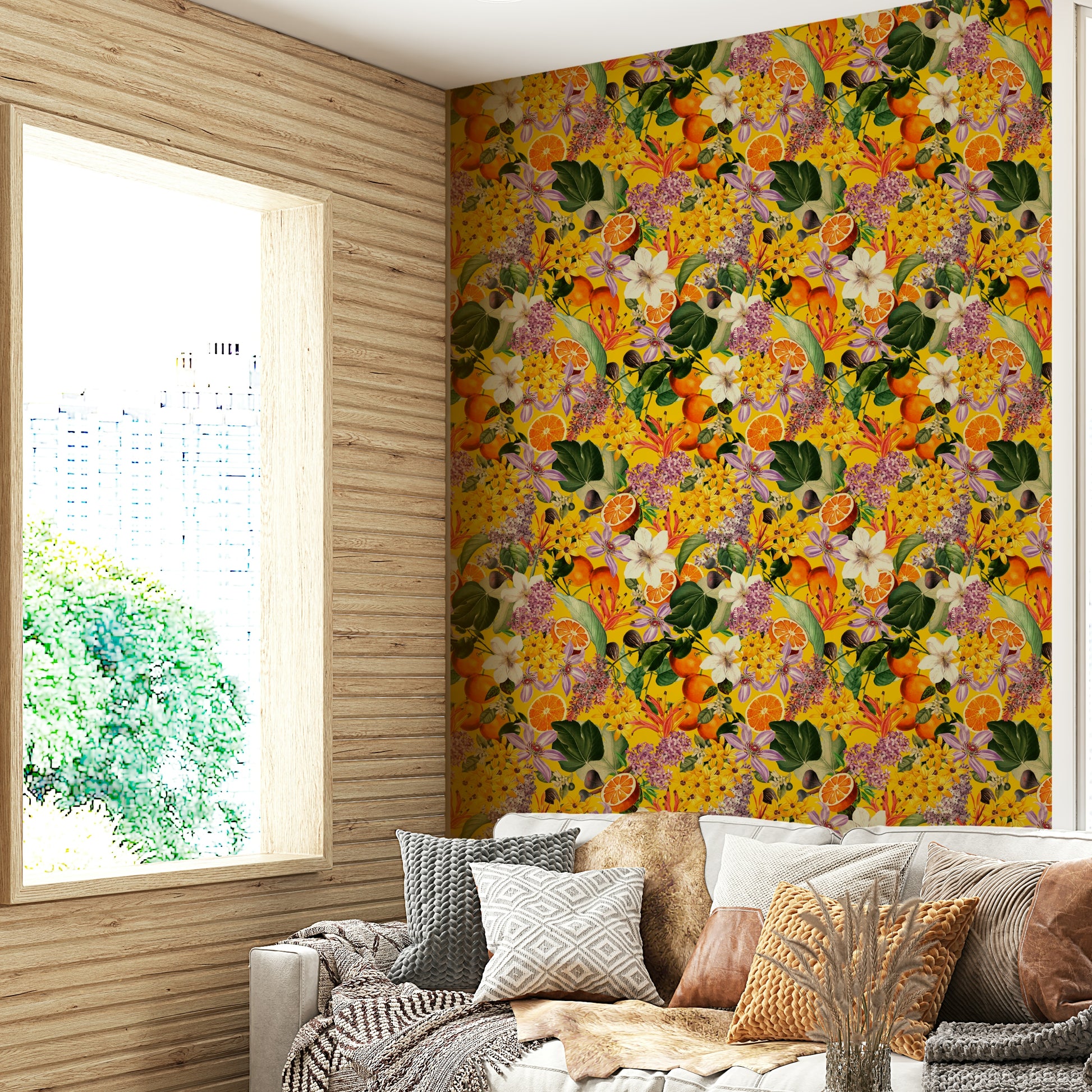 Citrus blossom wallpaper design for a cheerful, uplifting atmosphere

