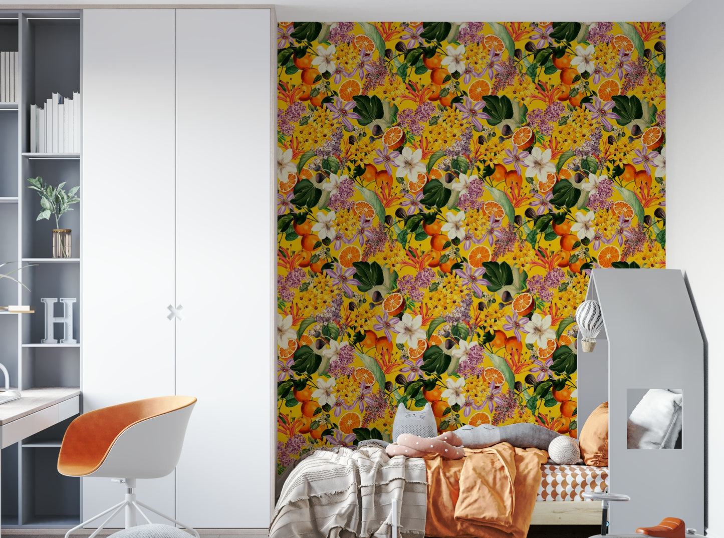 Lively and vibrant wallpaper design with citrus flowers and greens

