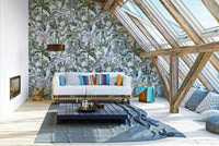 Contemporary wallpaper featuring sculptural palm leaves and exotic blooms


