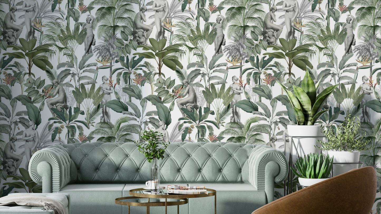 Sculptural Tropics wallpaper with bold, modern tropical foliage

