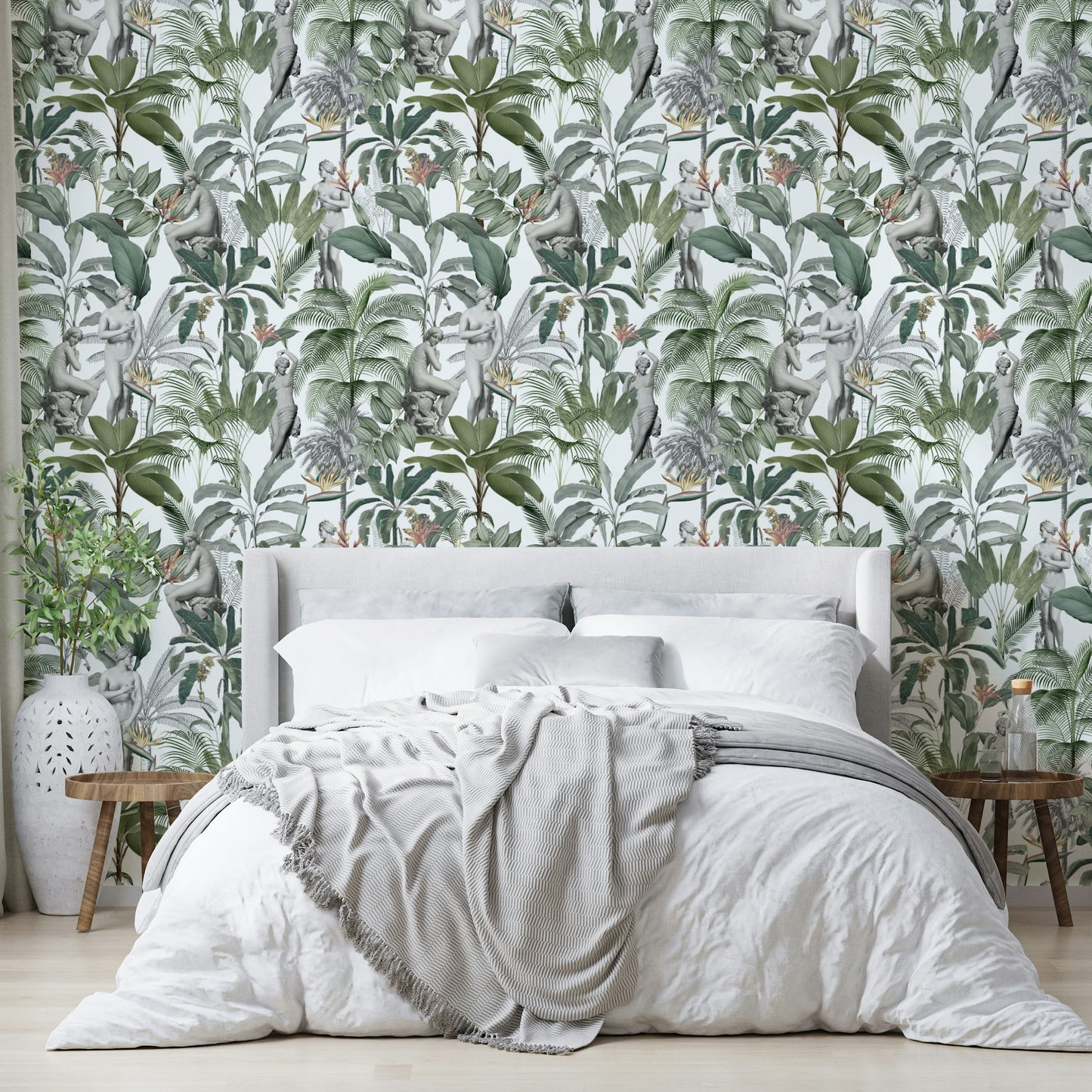 Tropical-inspired wallpaper with sculptural elements and rich greens

