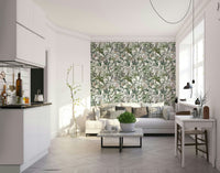 Artistic wallpaper design featuring sculptural palm leaves and flowers

