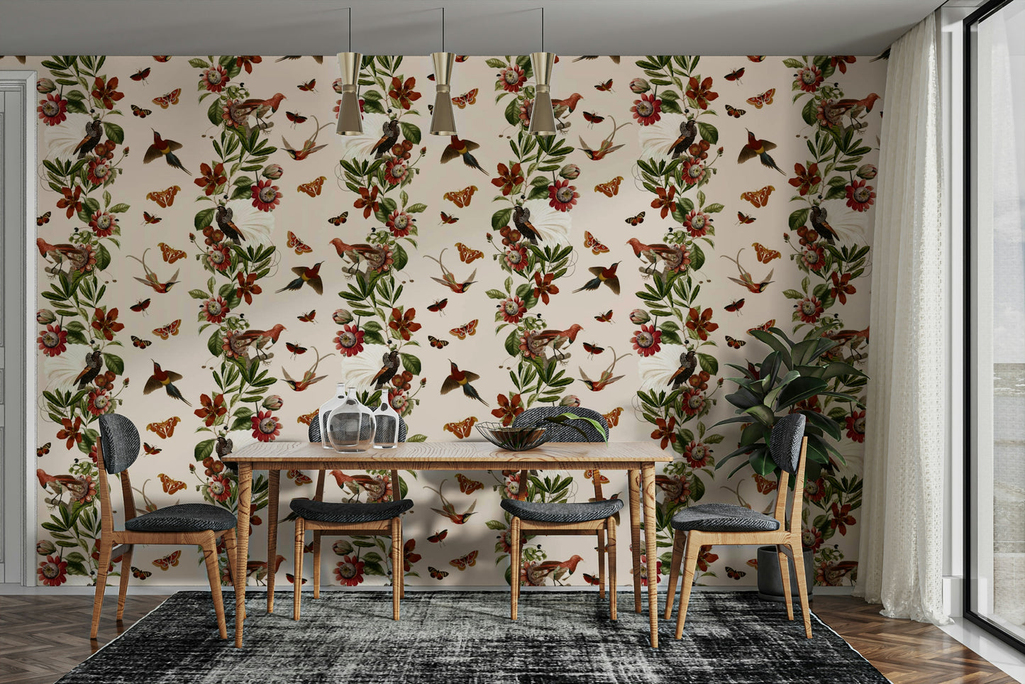 Tropical-inspired wallpaper with bright flowers and wildlife accents

