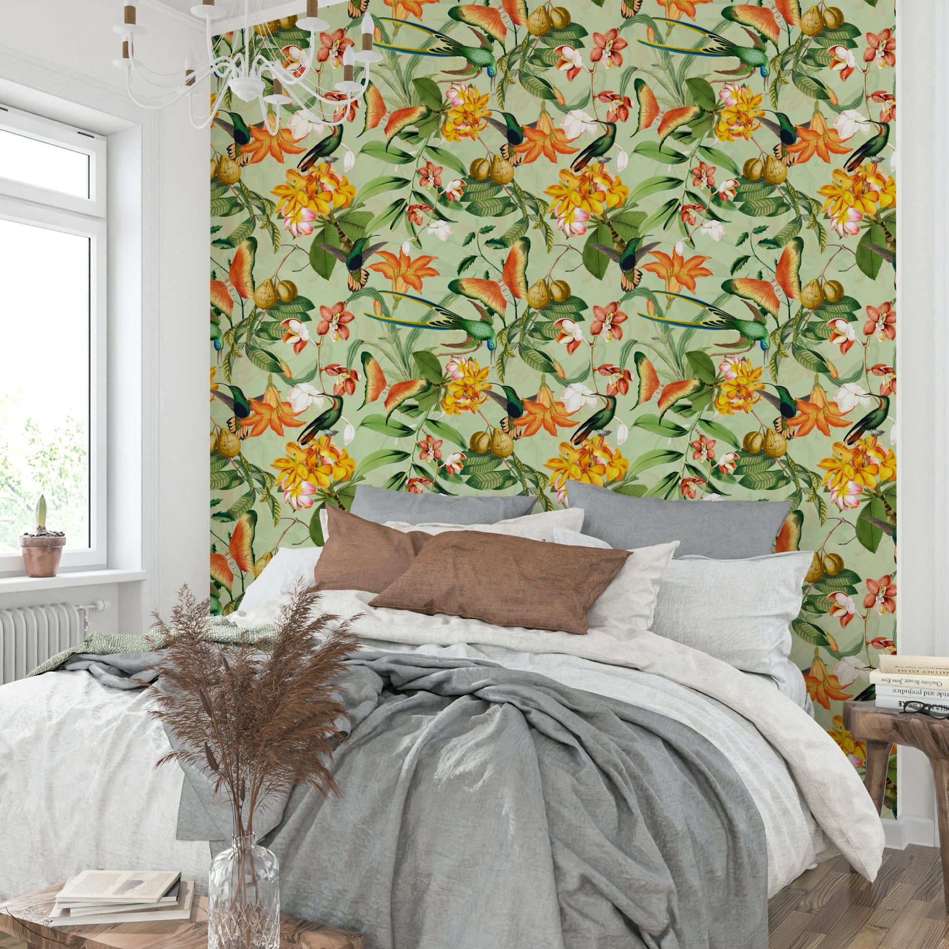Elegant bird and floral design for a tranquil, nature-inspired room

