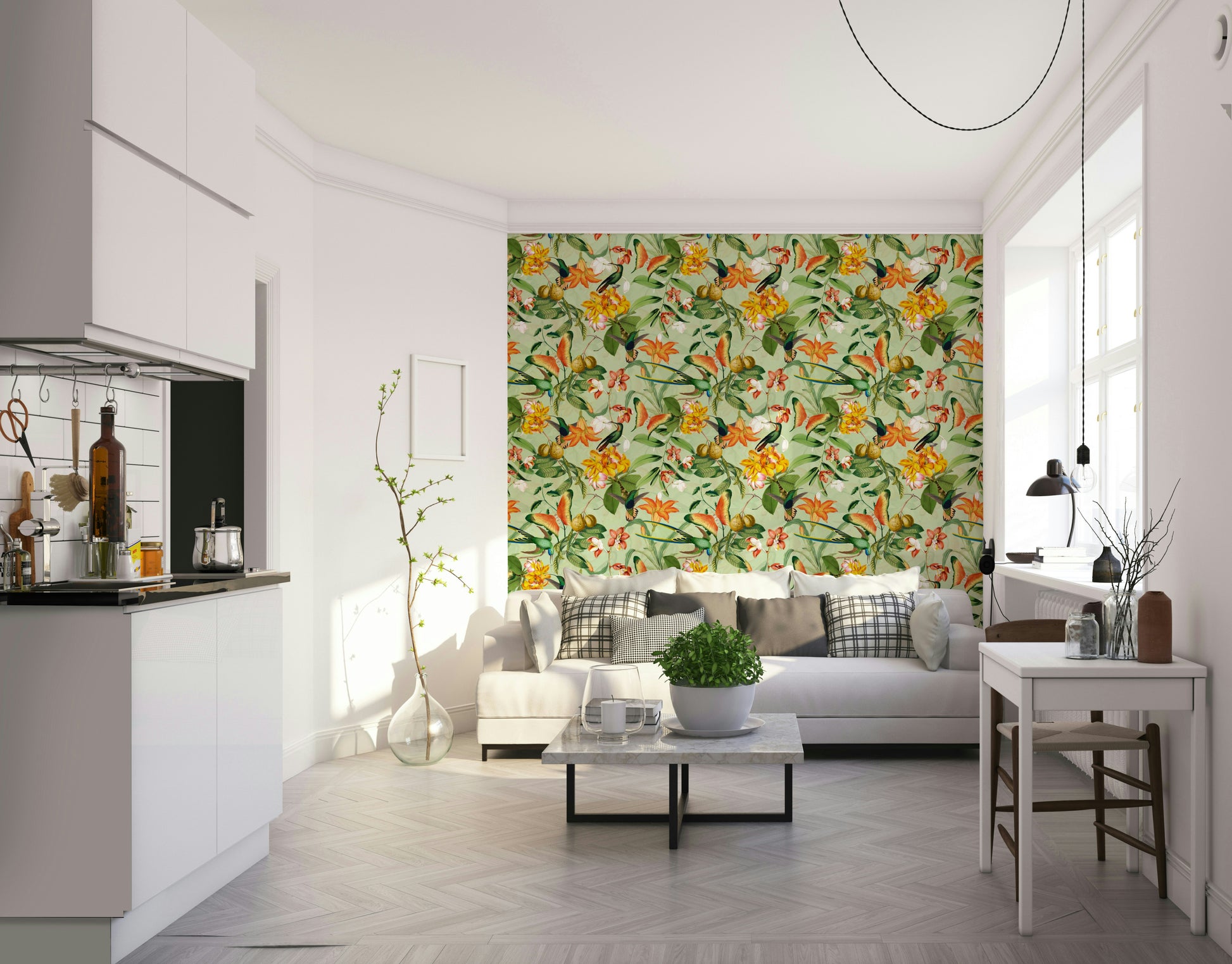 Nature-inspired wallpaper with vibrant birds and lush greenery

