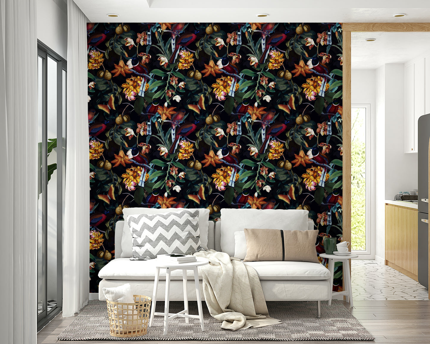 Bold tropical wallpaper with deep blues and purples for a night effect

