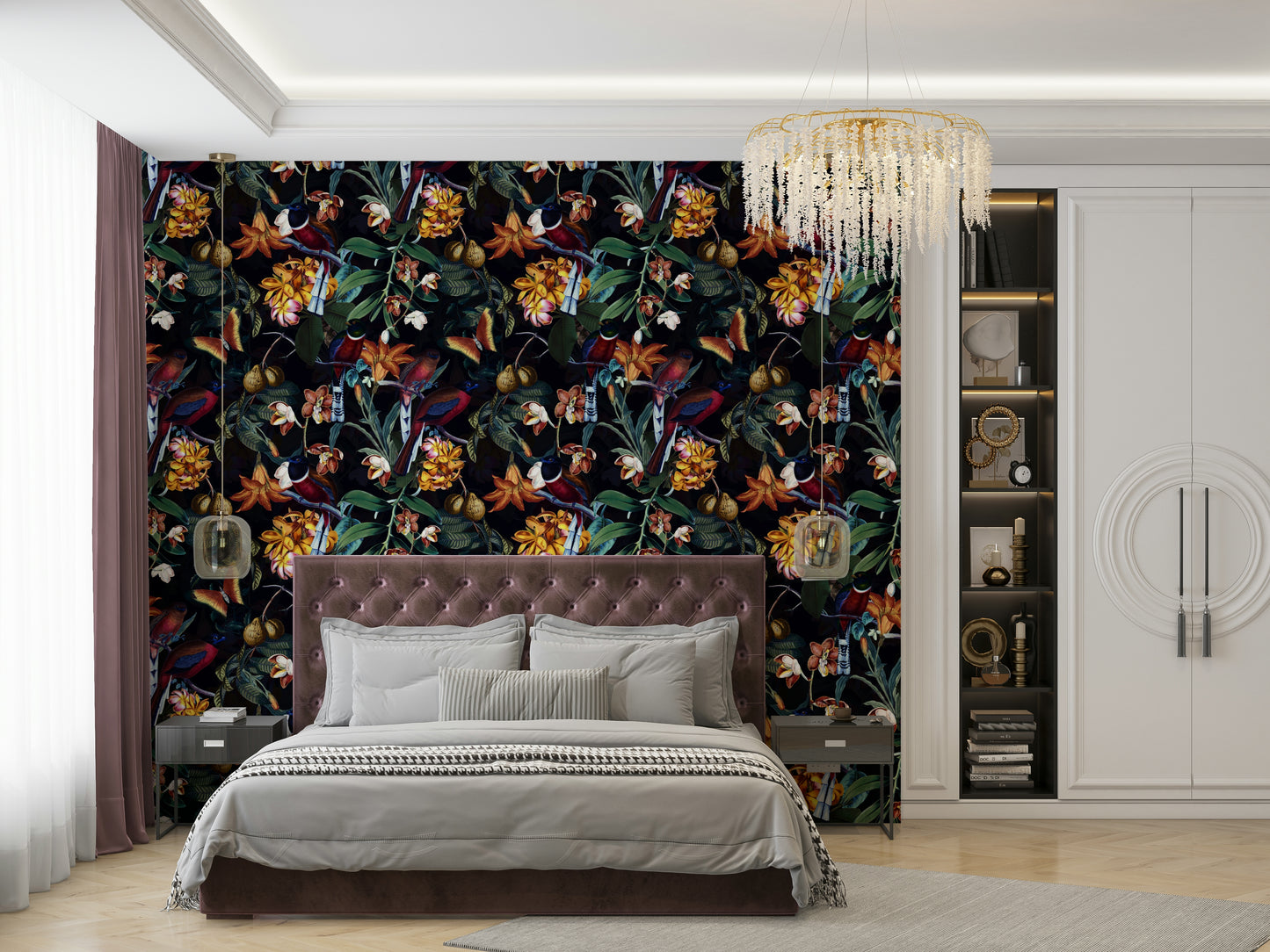 Lush tropical foliage and flowers in a dramatic night-time setting

