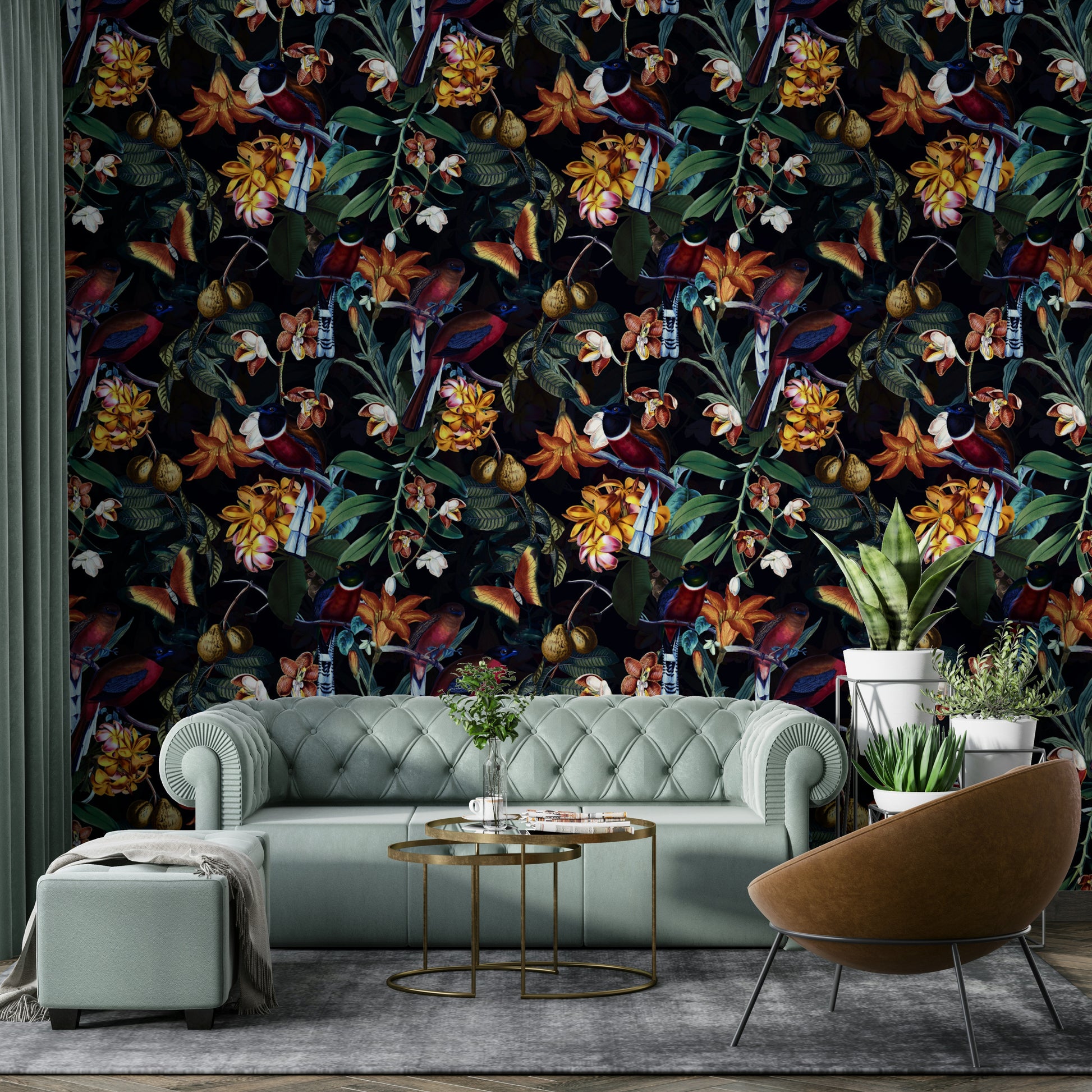 Tropical wallpaper featuring lush greenery under a dark sky

