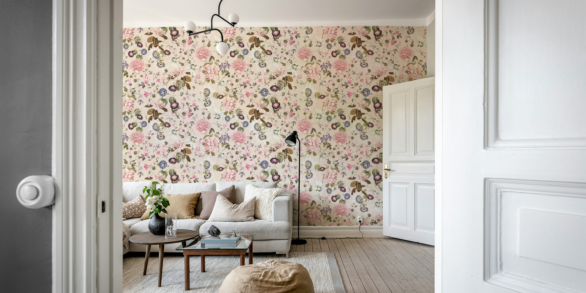 Tranquil garden-inspired wallpaper with gentle pastel hues


