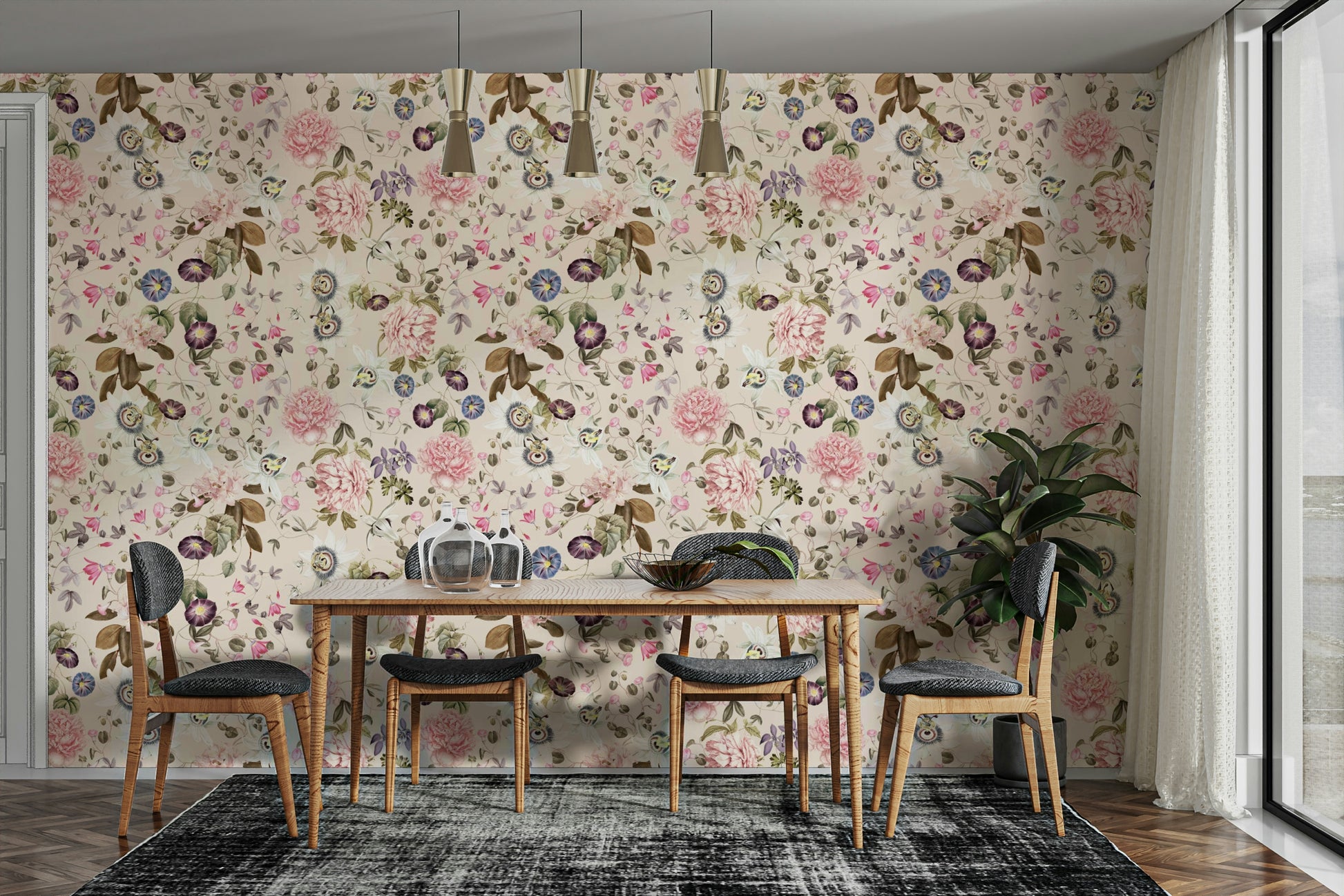 Soft pastel florals and greenery in Serene Garden Escape wallpaper

