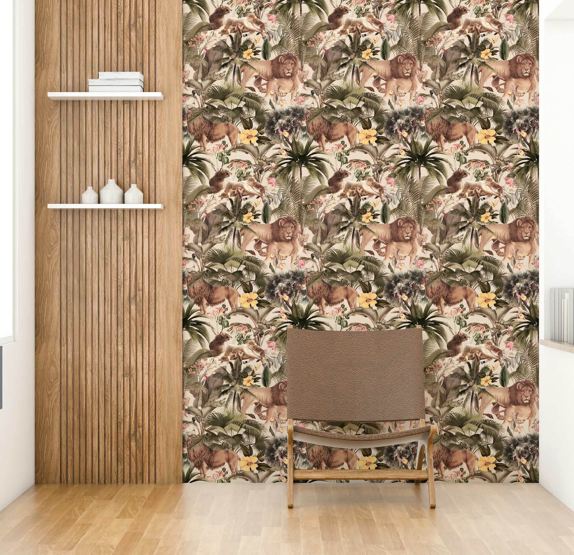 Bold and colorful wallpaper with jungle flora and fauna details

