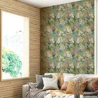 English Garden Escape wallpaper featuring soft, intricate florals

