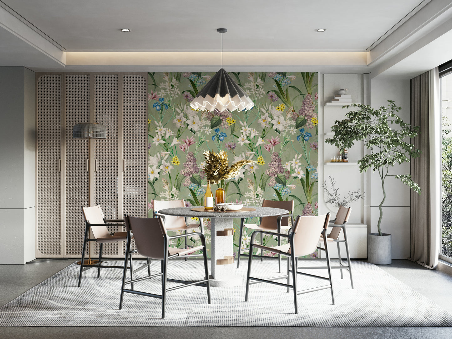 Floral wallpaper with a tranquil, garden-inspired atmosphere

