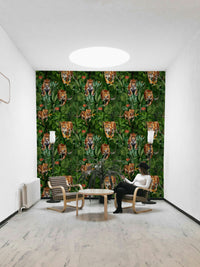 Animal-themed wallpaper with big cats and lush jungle foliage

