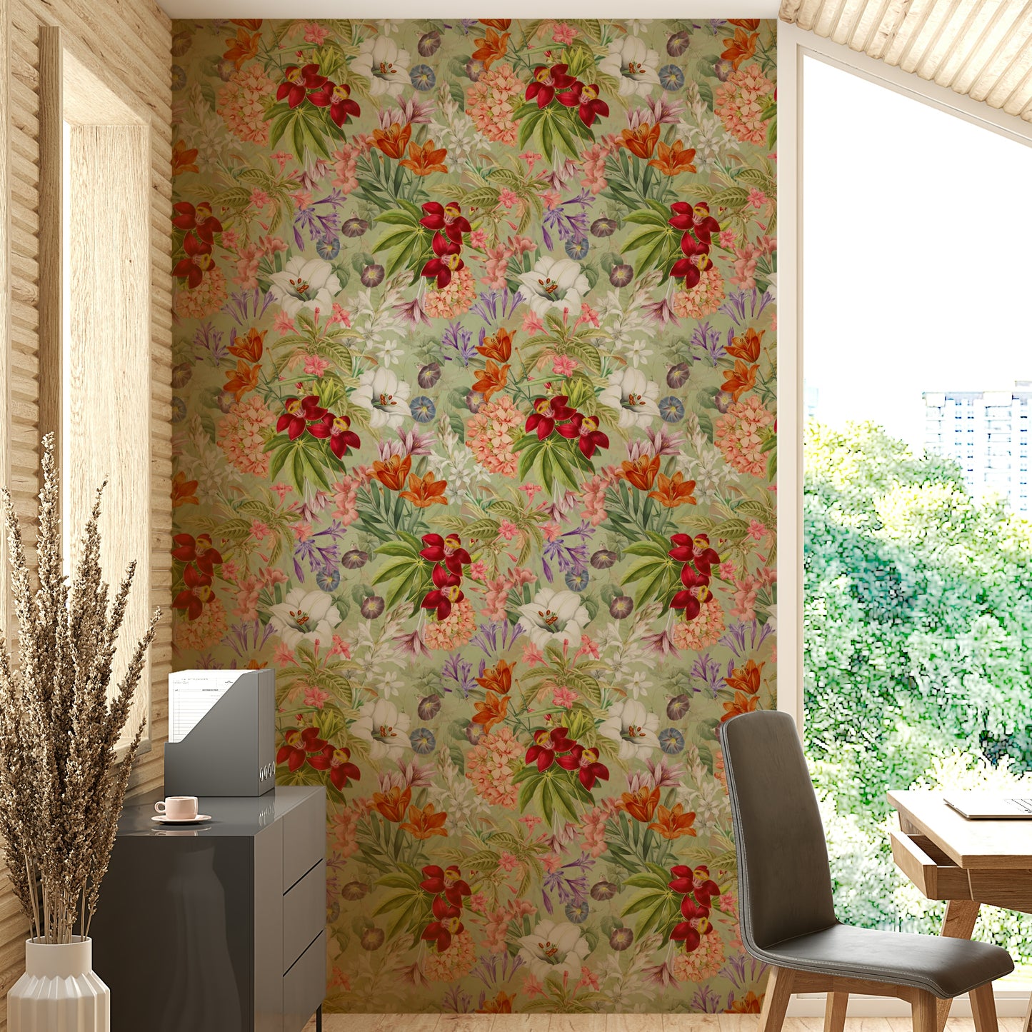 Elegant botanical wallpaper with vintage textures and floral motifs

