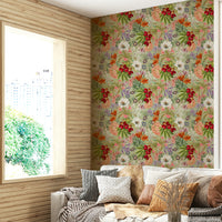 Botanical wallpaper featuring vintage florals and soft green tones

