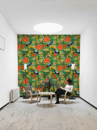 Bright, nature-inspired wallpaper with birds perched among flowers

