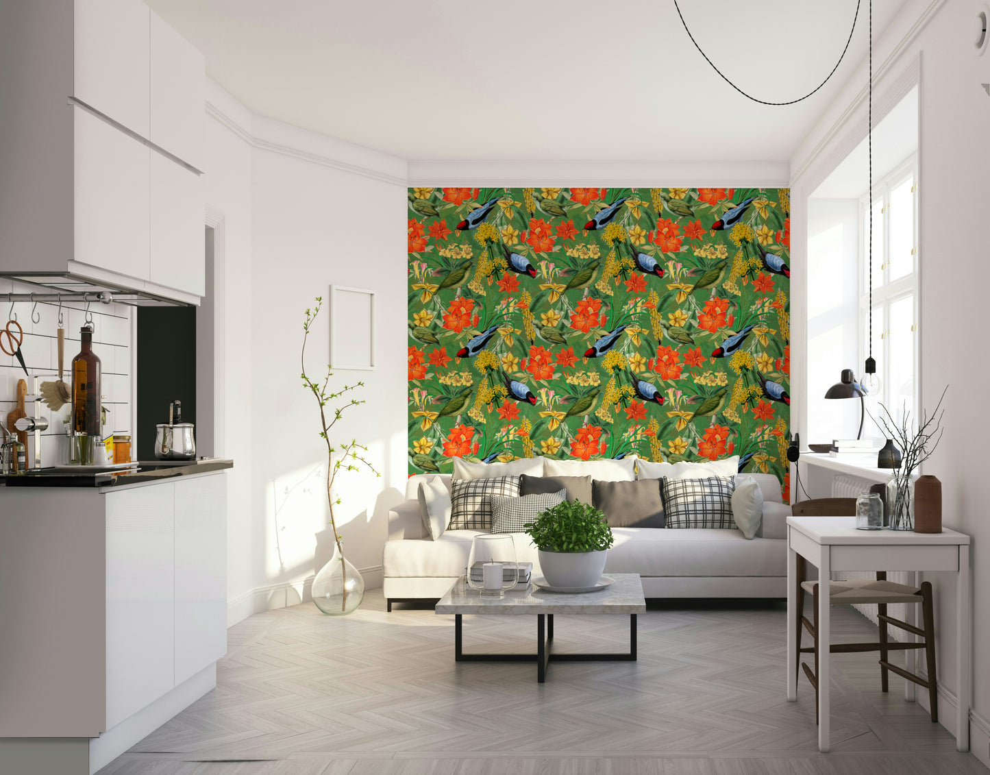 Vibrant birds in botanical wallpaper for a nature-filled look

