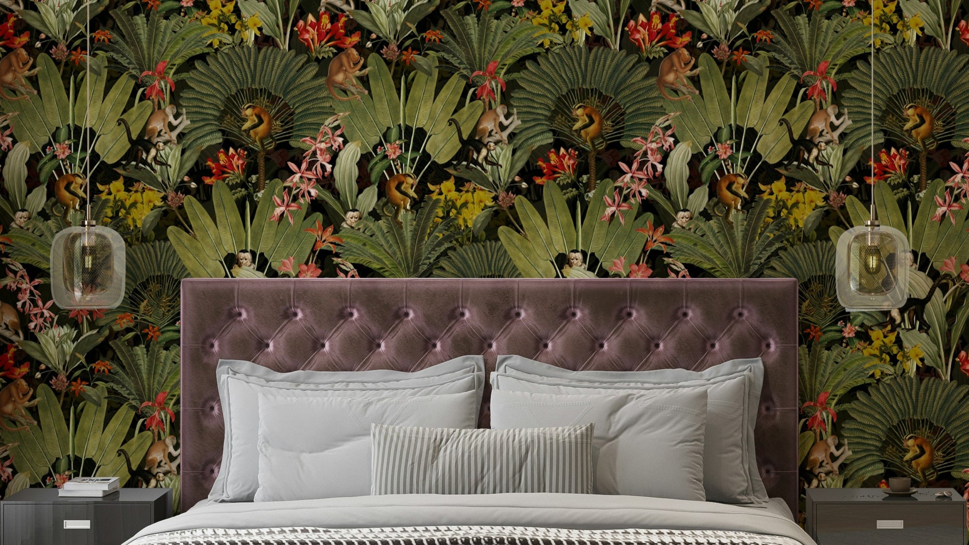 Whispers of the Jungle wallpaper featuring lush foliage and flowers

