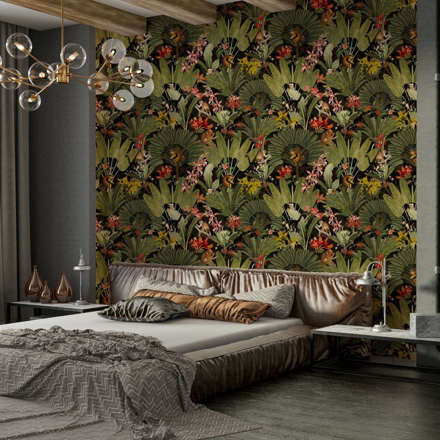 Nature-inspired wallpaper with exotic plants and subtle animal motifs

