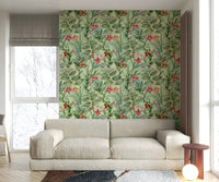 Subtle botanical design in wallpaper with muted green and beige tones

