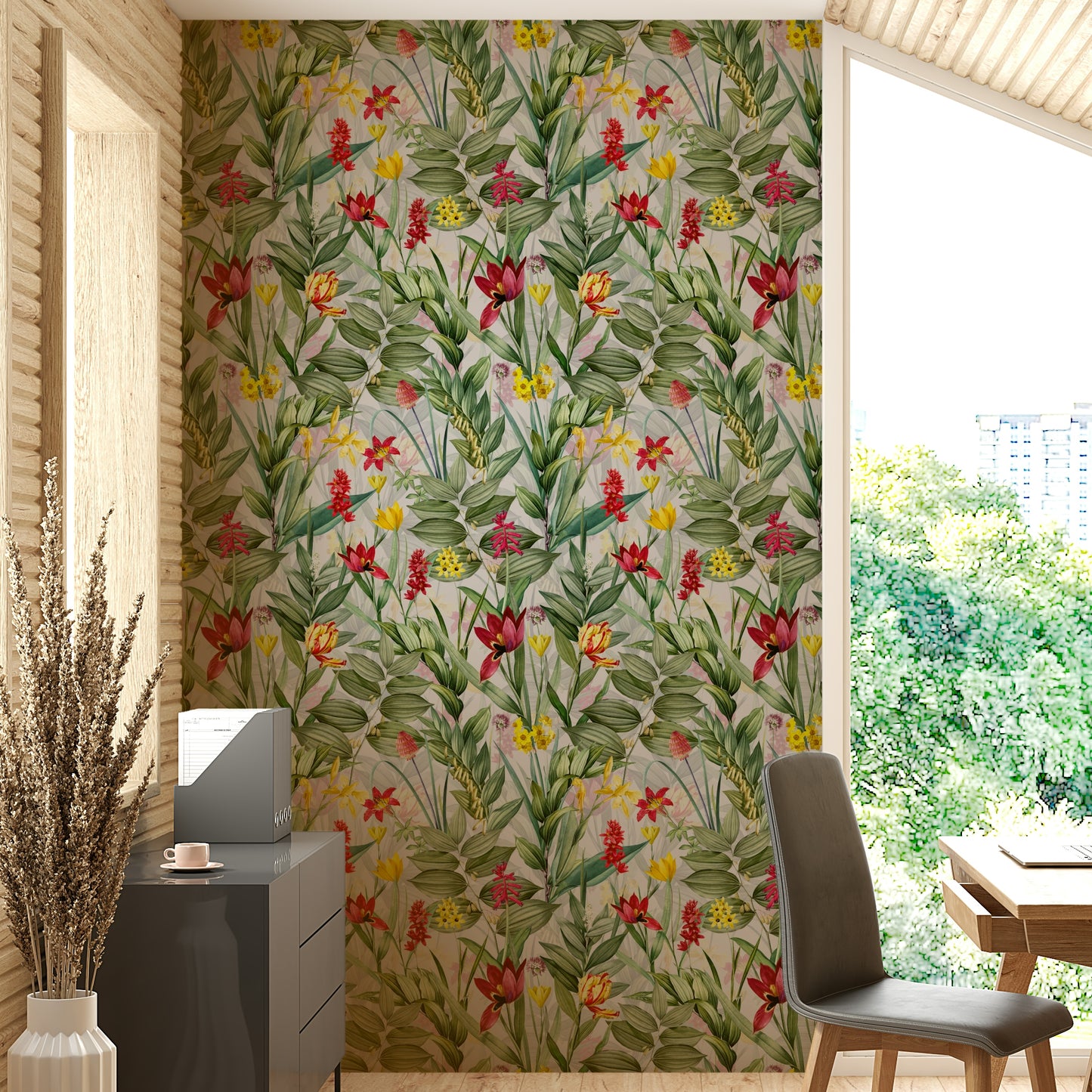 Colorful garden-inspired wallpaper creating a joyful atmosphere

