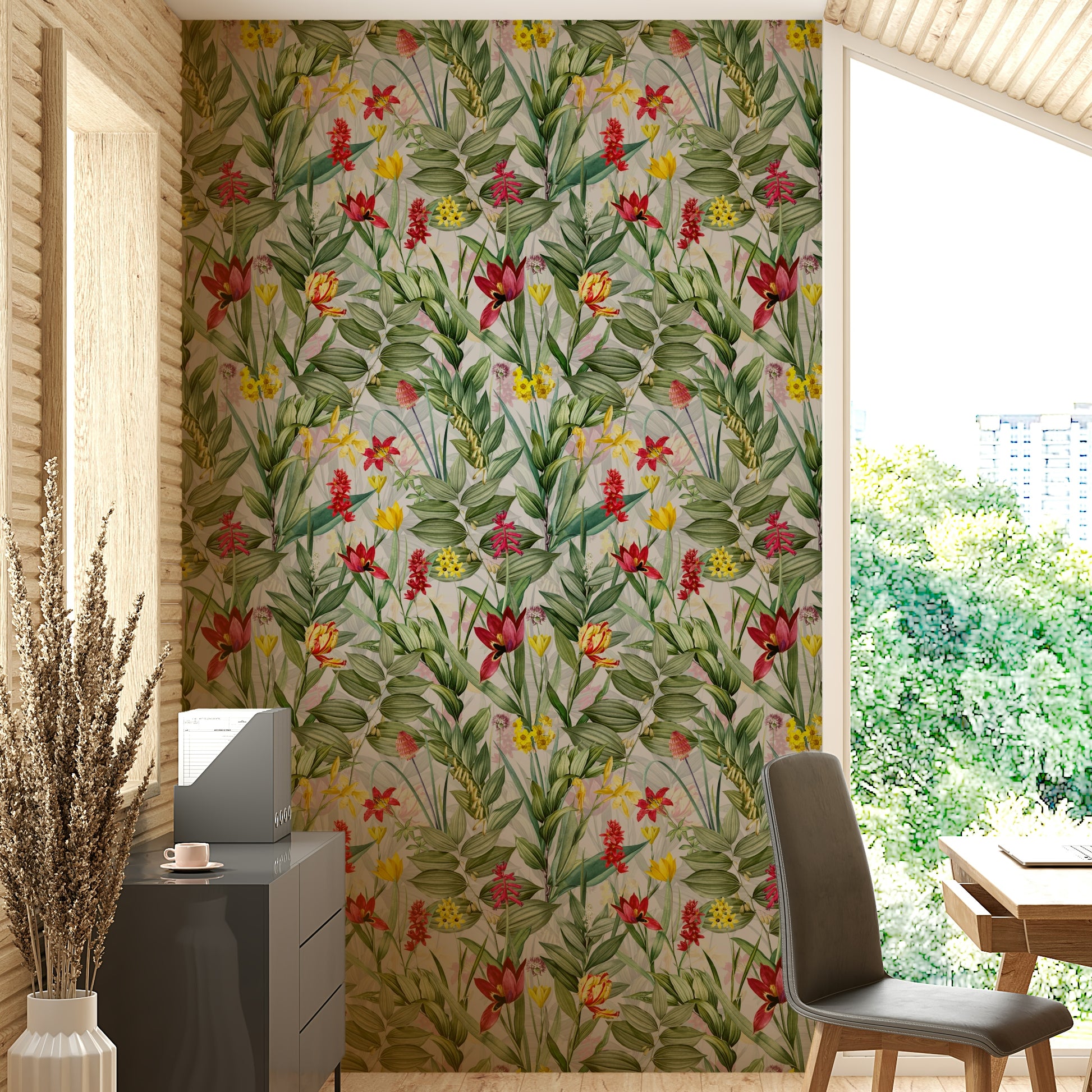 Colorful garden-inspired wallpaper creating a joyful atmosphere

