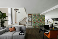 Dynamic floral wallpaper with lush greenery and vibrant blooms

