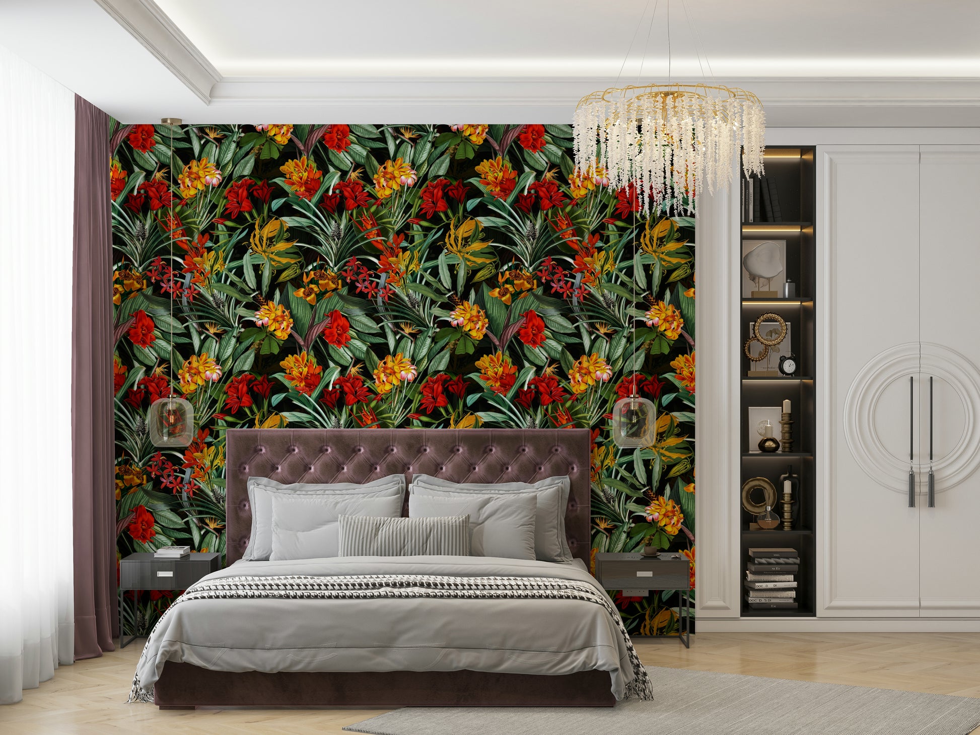 Elegant floral wallpaper with bold blooms against a dark backdrop.

