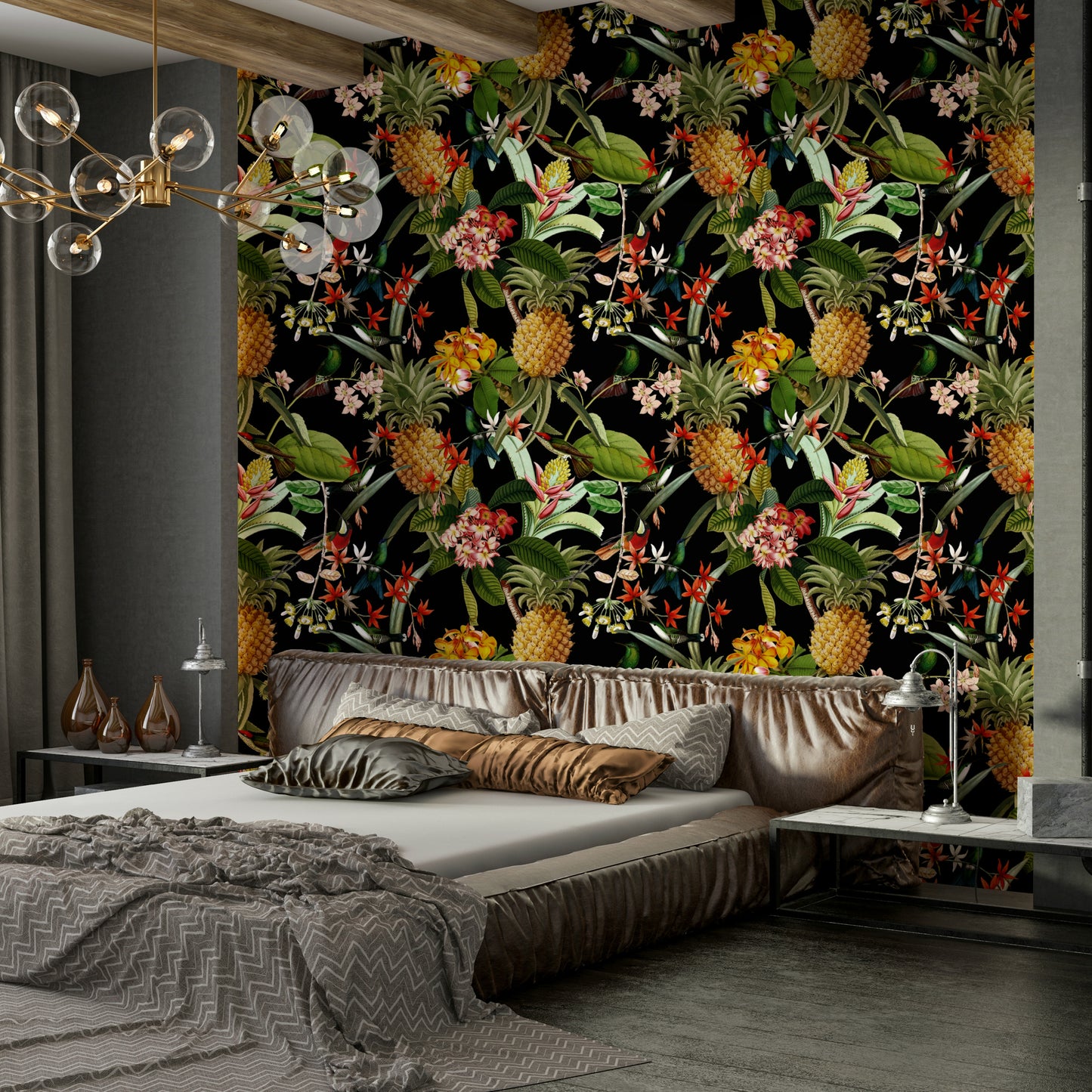 Tropical wall mural featuring bold yellow pineapples and green leaves.

