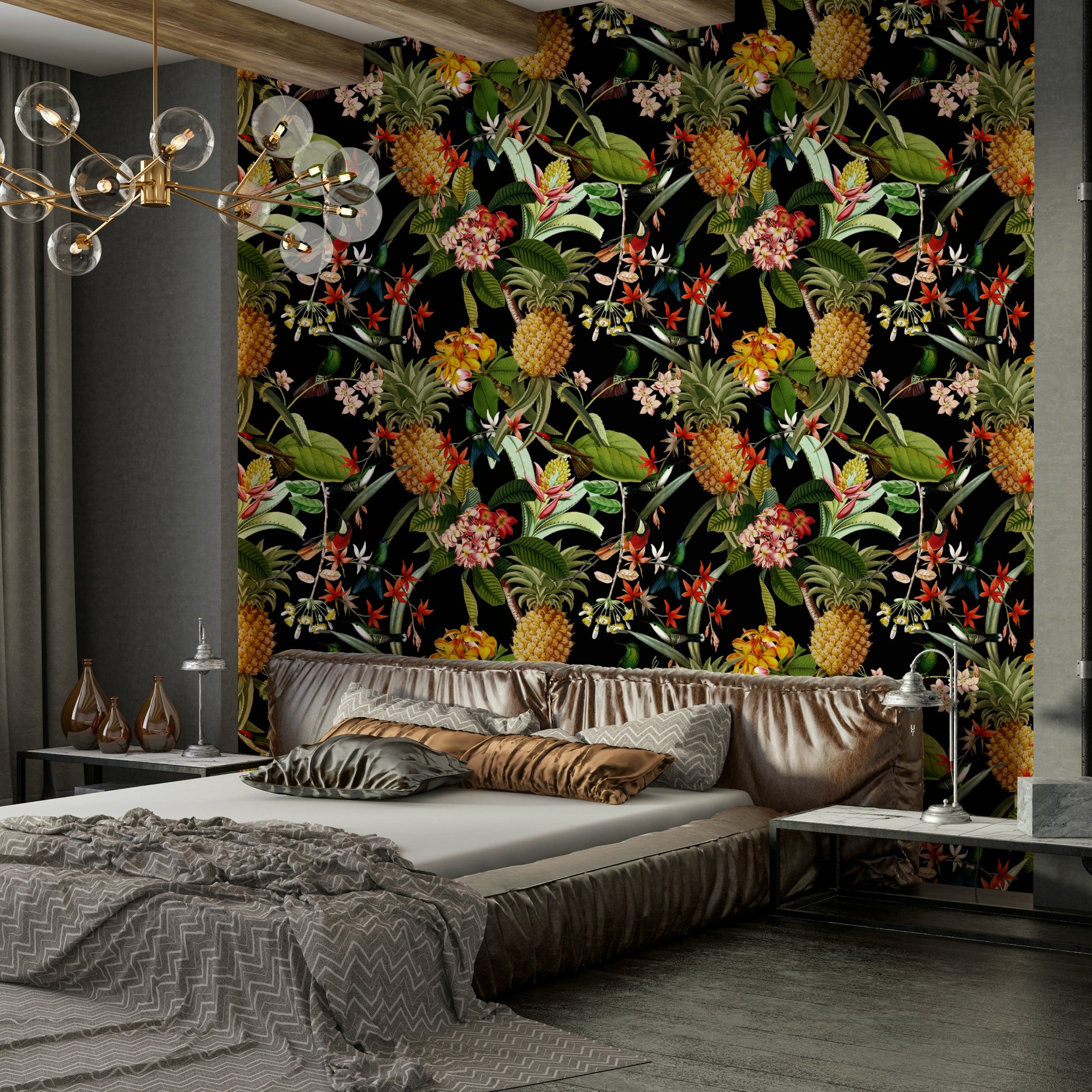 Tropical wall mural featuring bold yellow pineapples and green leaves.

