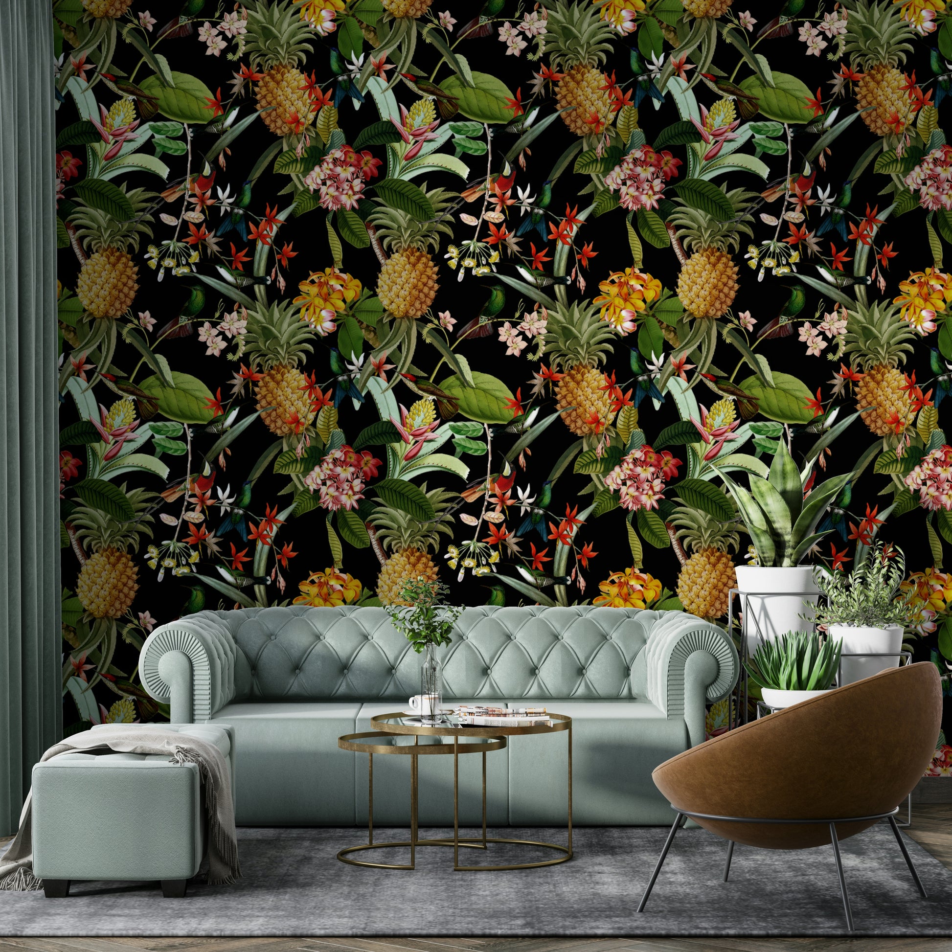 Pineapple Paradise wallpaper with cheerful, tropical fruit and greenery.

