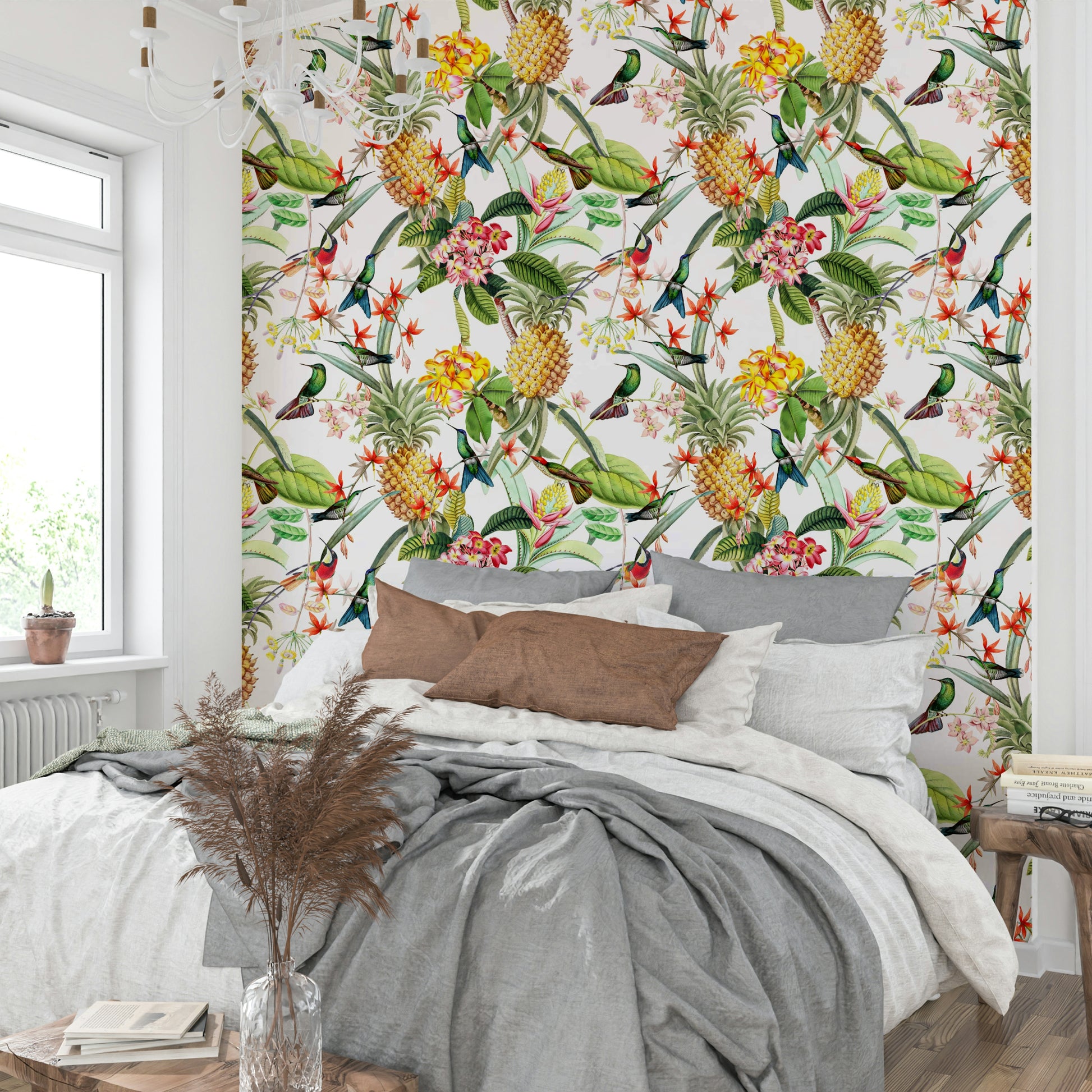 Tropical wall mural with intricate hummingbirds and rich tropical plants.

