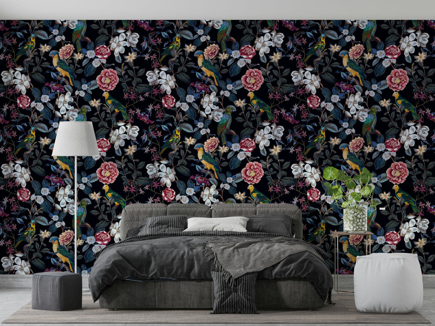Close-up view of dark foliage and vibrant flowers in Nocturnal Paradise wallpaper.

