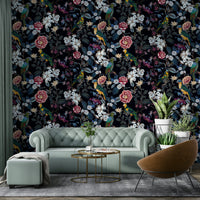 Mysterious tropical wallpaper mural with deep tones and vibrant accents.

