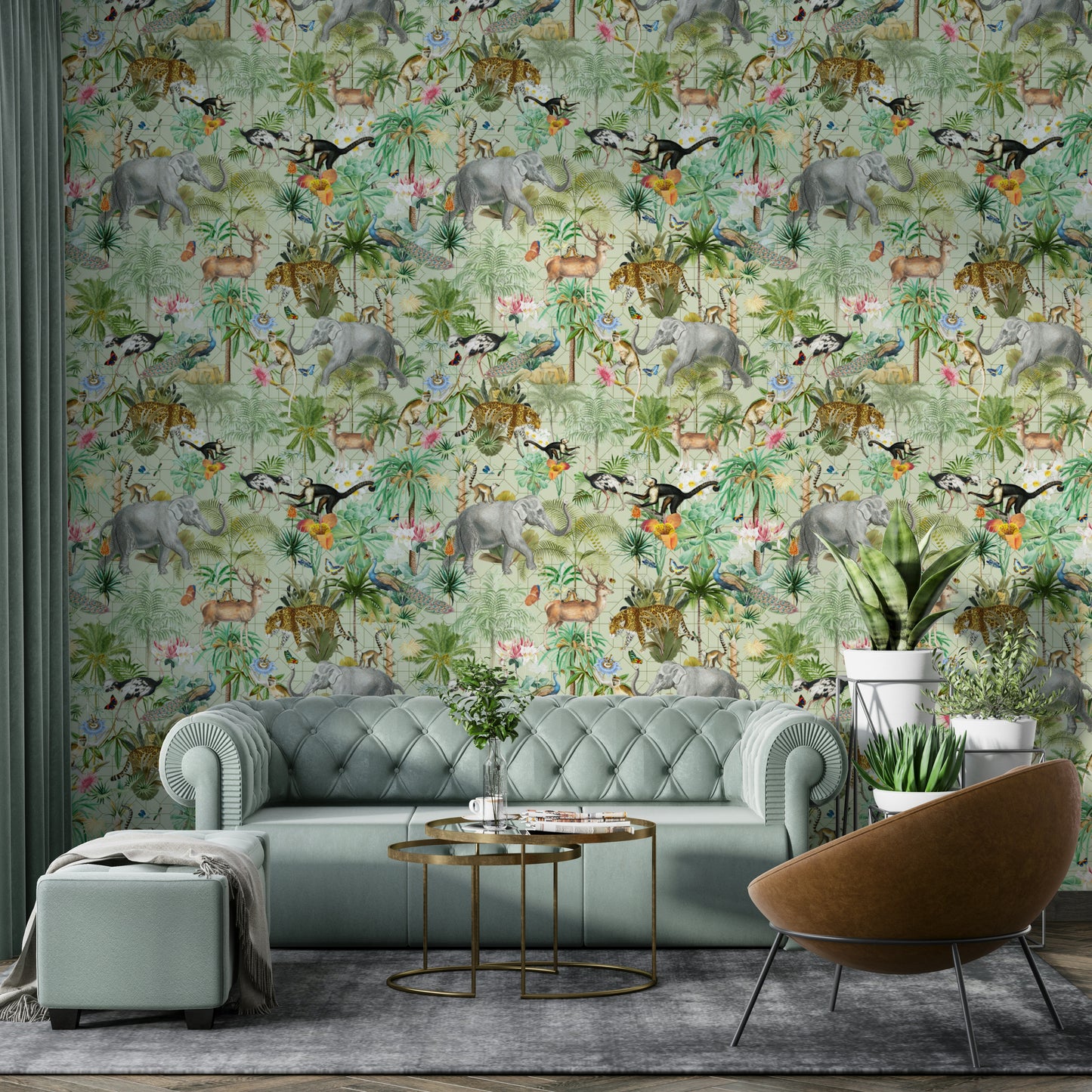 Jungle Opulence wallpaper mural with lush greenery and vibrant flowers.

