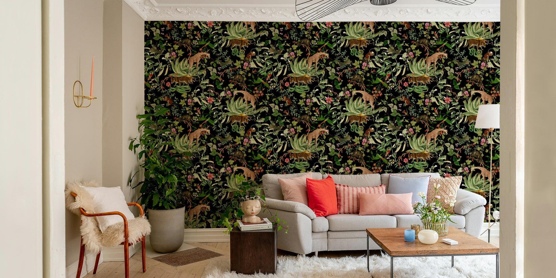 Exotic wildlife wallpaper mural with rich tones and detailed plants.

